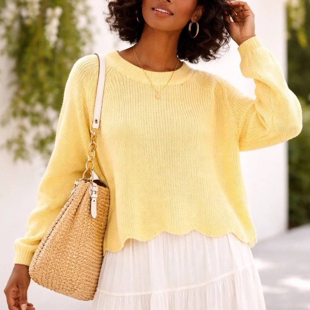 Cotton‎ Emporium Sweater Yellow Scalloped Hem Spring Stitch Fix M